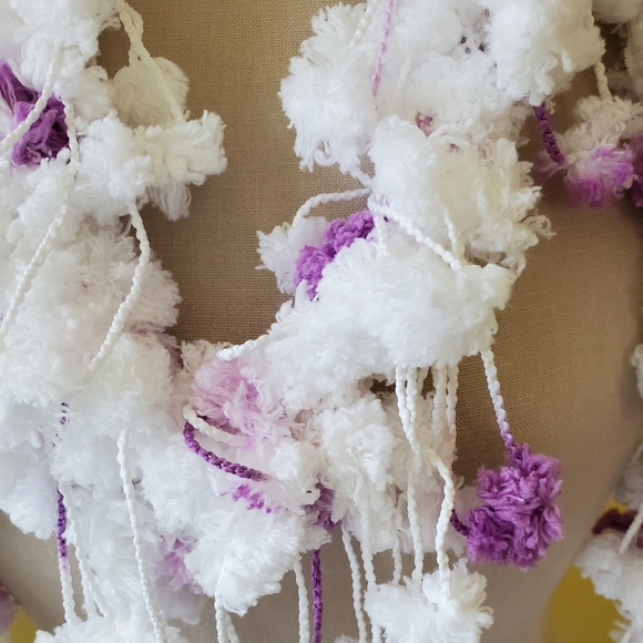 Crocheted White and Purple PomPom Loop Scarf/New - Picture 4 of 4